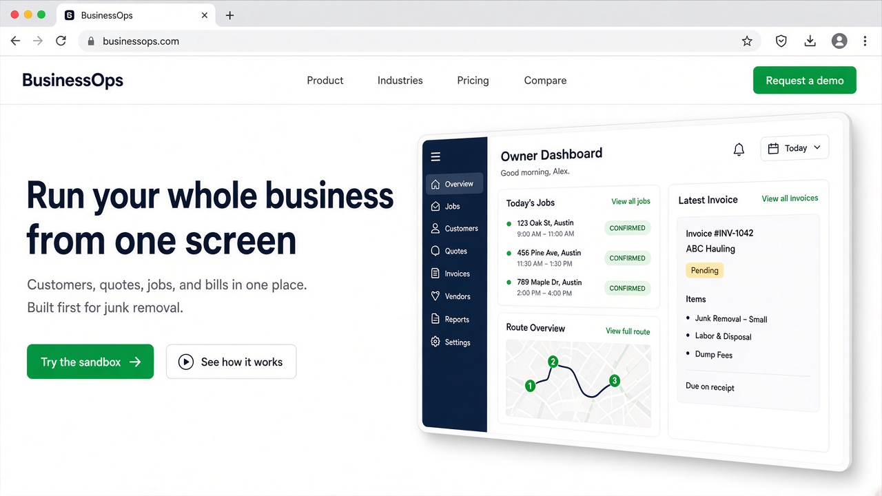 TilOps owner dashboard with today's jobs, a route map, and an invoice
